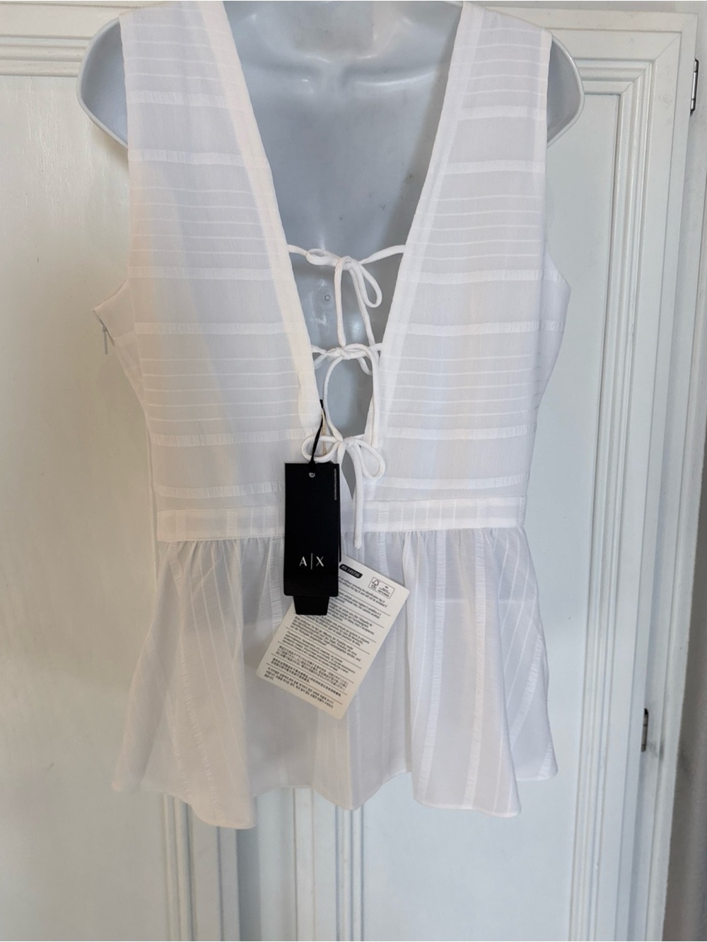 NWT Armani Exchange, White Peplum Sleeveless Top Striped Open Back Bows Sz L